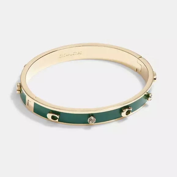 New! Gold/Green Signature And Stone Hinged Bangle - Picture 1 of 1